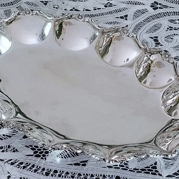 🚨Vintage 900 Sterling Silver Oblong Platter Tray 12x16” Lobed Floral Rim 24oz - Picture 5 of 11